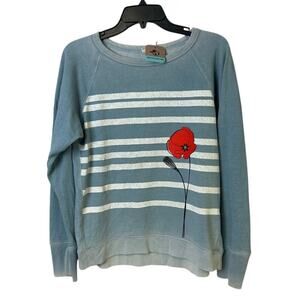 Upcycled Hand Printed Womens Small Red Poppy Flower Striped Sweatshirt
